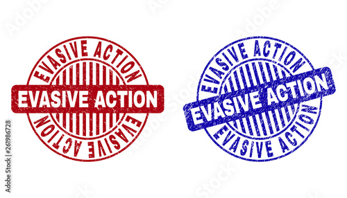 Grunge EVASIVE ACTION round stamp seals isolated on a white background. Round seals with grunge texture in red and blue colors.