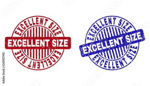 Grunge EXCELLENT SIZE round stamp seals isolated on a white background. Round seals with grunge texture in red and blue colors.