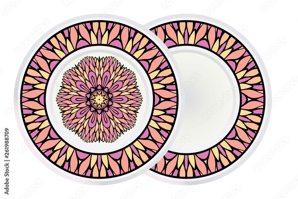 Set of Vector Pattern With Abstract Floral Round Ornament and round frame. Oriental Pattern. Indian, Moroccan, Mystic, Ottoman Motifs. Anti-Stress Therapy Pattern