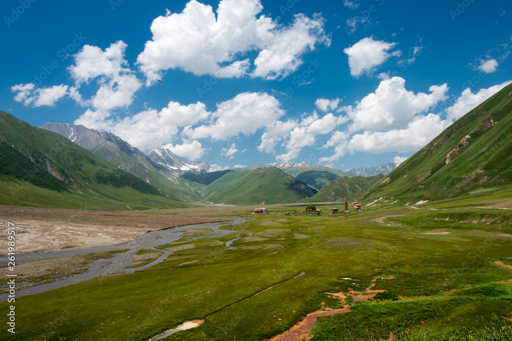 Kazbegi, Georgia - Jul 01 2018: Truso valley near Caucasus mountain. a famous landscape in Kazbegi, Mtskheta-Mtianeti, Georgia.