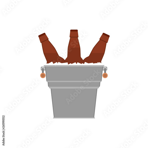 Bottles beer icon. Glass bottles filled with beer in a metal bucket with ice cubes on white background. Isolated vector flat illustration.