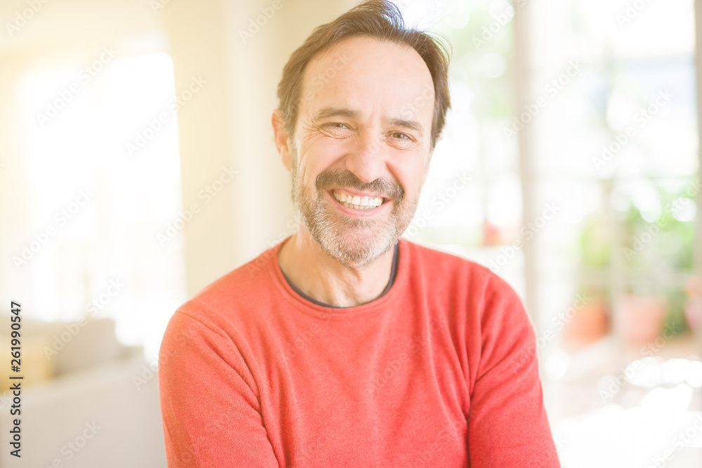 Handsome middle age man smiling looking at the camera at home Handsome middle age man smiling looking at the camera at home