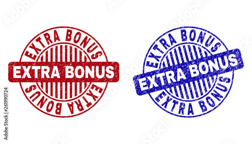 Grunge EXTRA BONUS round stamp seals isolated on a white background. Round seals with grunge texture in red and blue colors.