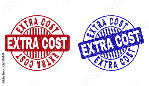Grunge EXTRA COST round stamp seals isolated on a white background. Round seals with grunge texture in red and blue colors. Vector rubber overlay of EXTRA COST title inside circle form with stripes.