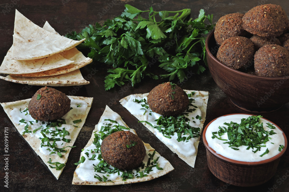 Fresh falafel with white sauce, greens and pita. Middle Eastern cuisine. Healthy food. Fresh falafel with white sauce, greens and pita. Middle Eastern cuisine. Healthy food.