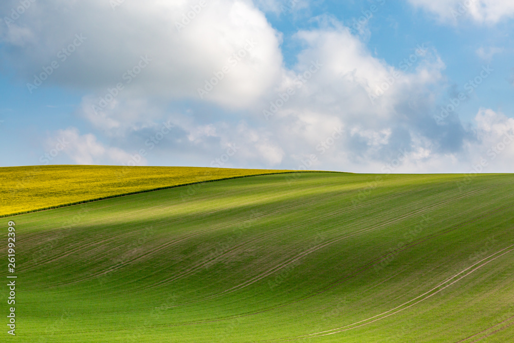 Fototapeta premium Shadows from clouds over green and yellow fields, in the Sussex countryside