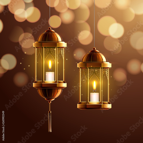Glowing fanous or vintage fanoos, hanging islam lantern or antique arab light with candle at night. Background symbol or object for ramadan kareem or eid mubarak. Eastern or muslim holiday theme