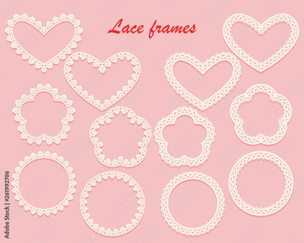 Collection of white lace frames of different shapes circle, heart and flower. Openwork vintage elements isolated on a pink background. Collection of white lace frames of different shapes circle, heart and flower. Openwork vintage elements isolated on a pink background.