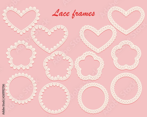 Collection of white lace frames of different shapes circle, heart and flower. Openwork vintage elements isolated on a pink background.