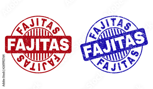 Grunge FAJITAS round stamp seals isolated on a white background. Round seals with grunge texture in red and blue colors. Vector rubber imprint of FAJITAS title inside circle form with stripes.