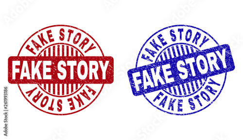 Grunge FAKE STORY round stamp seals isolated on a white background. Round seals with distress texture in red and blue colors.