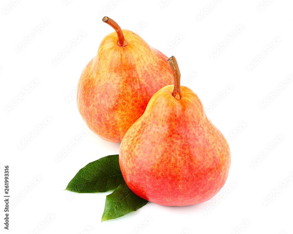 Top view red pears with leaves isolated Top view red pears with leaves isolated