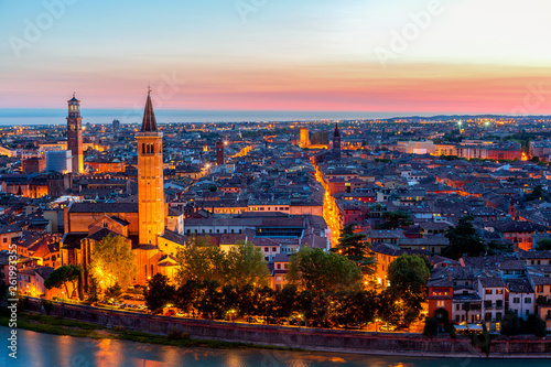 Beautiful sunset aerial view of Verona. Veneto region in italy. Verona sunset cityscape.