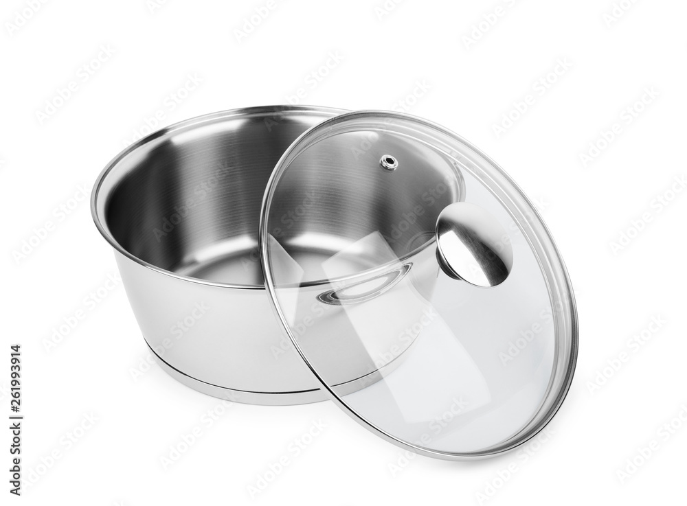 Shiny stainless steel soup pot, covered a lid transparent glass