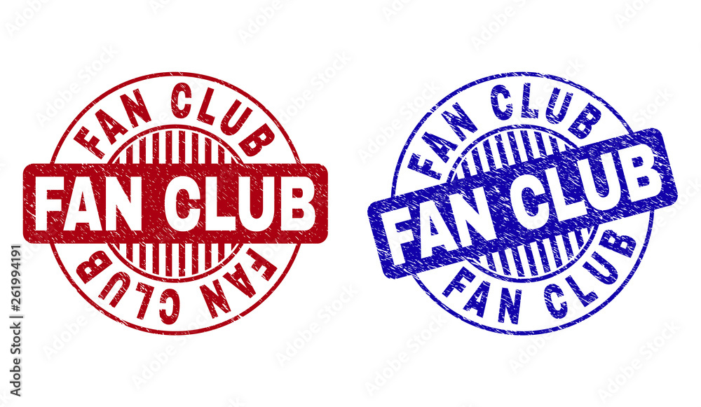 Grunge FAN CLUB round stamp seals isolated on a white background. Round seals with distress texture in red and blue colors. Vector rubber imprint of FAN CLUB tag inside circle form with stripes. Grunge FAN CLUB round stamp seals isolated on a white background. Round seals with distress texture in red and blue colors. Vector rubber imprint of FAN CLUB tag inside circle form with stripes.