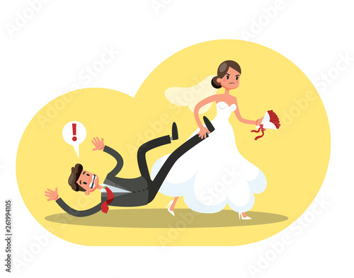 Angry bride in the white wedding dress dragging groom