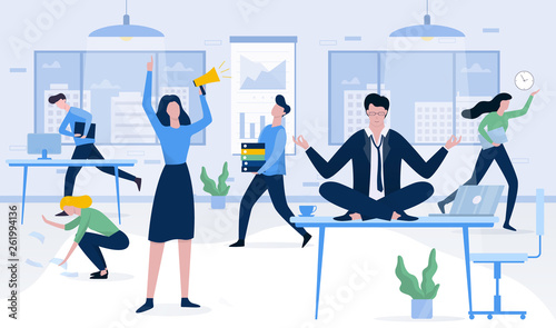 Businessman sitting on the table in lotus pose during deadline