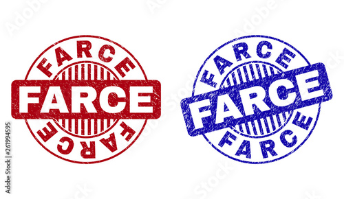 Grunge FARCE round stamp seals isolated on a white background. Round seals with grunge texture in red and blue colors. Vector rubber watermark of FARCE tag inside circle form with stripes. Free Download Grunge FARCE round stamp seals isolated on a white background. Round seals with grunge texture in red and blue colors. Vector rubber watermark of FARCE tag inside circle form with stripes. - GFXLoad