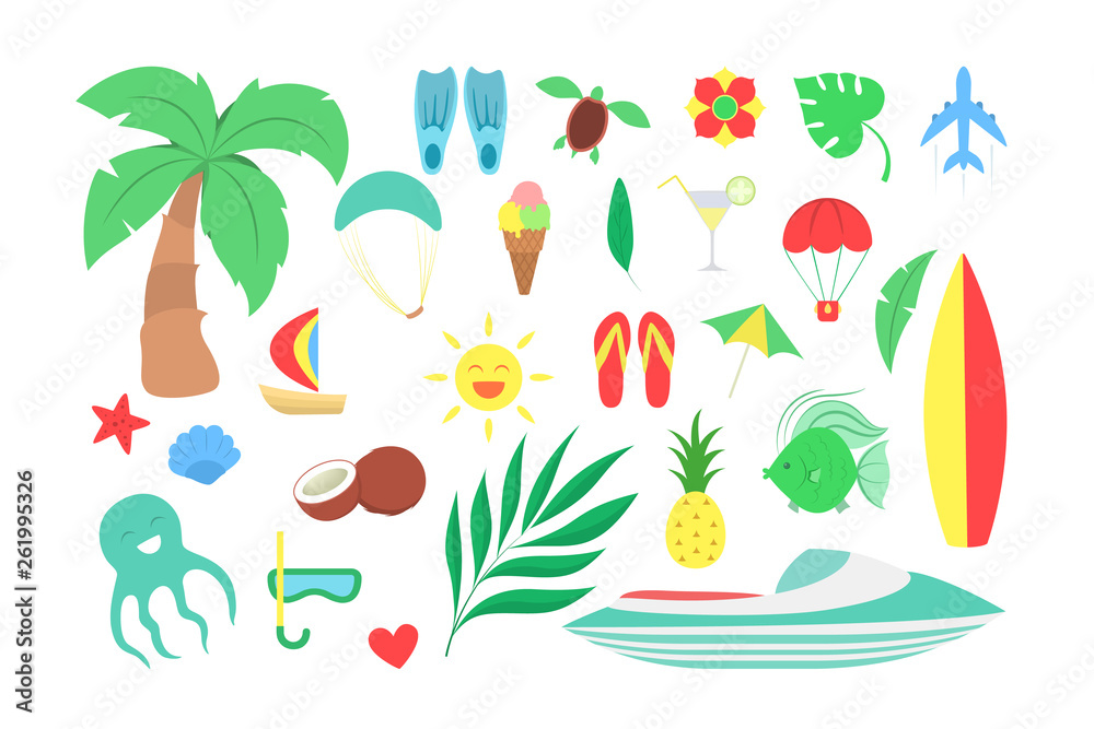 Naklejka premium Beach set. Collection of summer vacation stuff