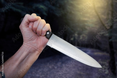 Horror scene of murderer or maniac’s hand with large butcher knife in creepy woods scanario Halloween themed scene.