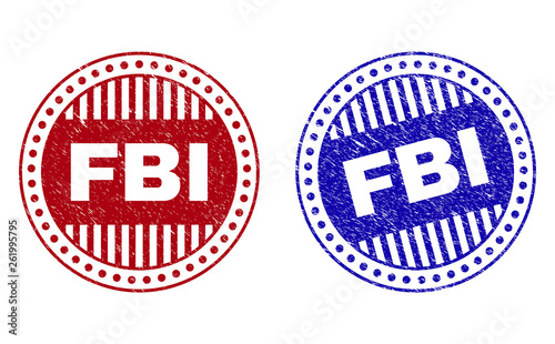 Grunge FBI round stamp seals isolated on a white background. Round seals with grunge texture in red and blue colors. Vector rubber imitation of FBI text inside circle form with stripes.