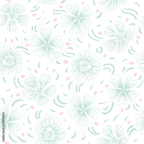 White pattern with blue hibiscus blossom.