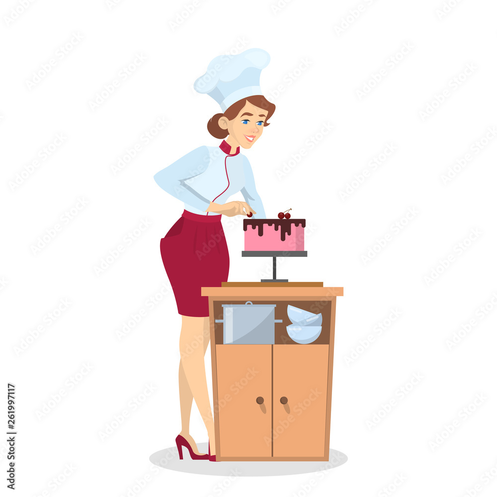 Restaurant chef cooking. Woman in apron making tasty cake Restaurant chef cooking. Woman in apron making tasty cake
