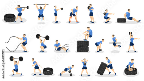 Set of people doing workout. Fitness and bodybuilding exercise