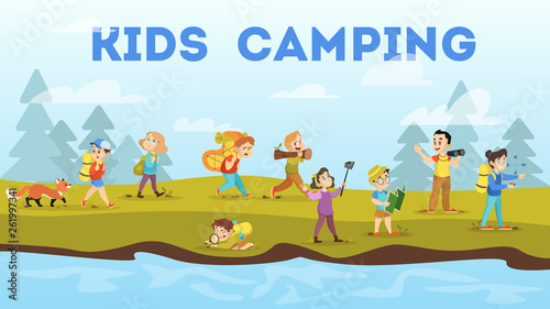 Children camping. Kids walking with the backpack