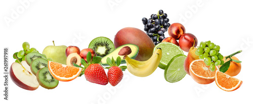Fototapeta Naklejka Na Ścianę i Meble -  Composition with a large variety of different fruits on a white isolated background. The symbol of abundance and fertility.