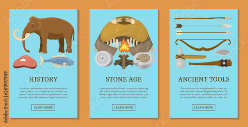 Stone age primitive prehistoric life set of cards, banners vector illustration. Ancient tools and animals. Hunting weapons and household equipment. Neanderthals or homo sapiens.