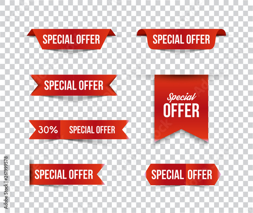 Red special offer banners with shadows on transparent background. Vector illustration.