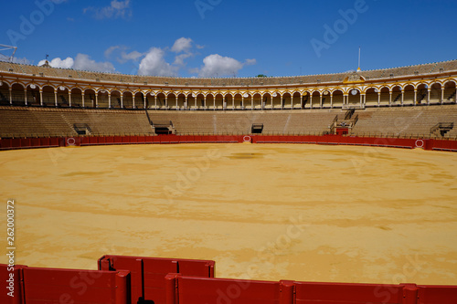 April 2019 Bullfighting arena (plaza de toros) in Seville, Real Maestranza de Caballeria de Sevilla, Spain.