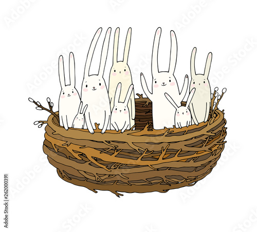 Hand drawing sketch. Cute cartoon bunnies in the nest. Easter bunny. Children s tale - Vector