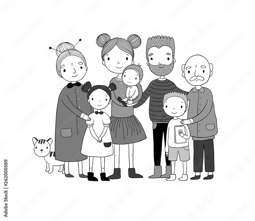happy family. Parents with children. Cute cartoon dad, mom, daughter, son and baby. grandmother and grandfather. Funny pet cat - Vector happy family. Parents with children. Cute cartoon dad, mom, daughter, son and baby. grandmother and grandfather. Funny pet cat - Vector