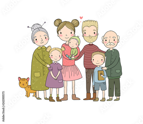 happy family. Parents with children. Cute cartoon dad, mom, daughter, son and baby. grandmother and grandfather. Funny pet cat - Vector