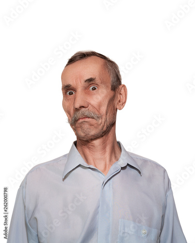 Portrait of surprised senior man isolated on white, funny man