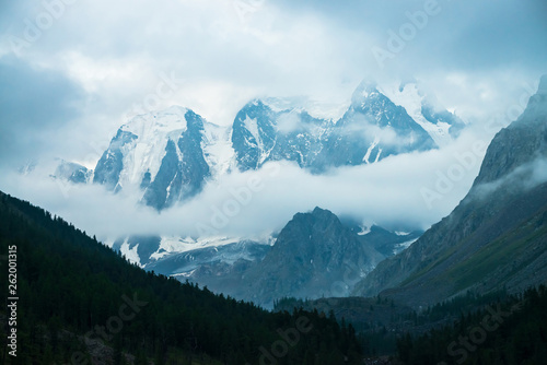 Low cloud before huge glacier. Giant snowy rocky mountains under cloudy sky. Thick fog in mountains above forest at early morning. Impenetrable fog. Dark atmospheric landscape. Tranquil atmosphere.