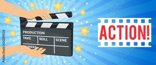 Horizontal banner with hands holding movie clapper board. Vector
