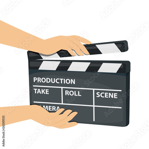 Hands holding movie clapper board isolated on white background. Vector