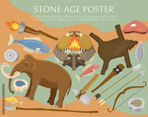 Stone age primitive prehistoric life poster vector illustration. Ancient tools and animals. Hunting weapons and household equipment. Neanderthals or homo sapiens. Fish and bear.