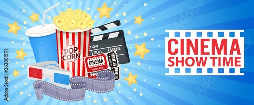 Horizontal banner with cinema icons - clapper board, film reel, popcorn, cola, tickets and 3D glasses. Vector