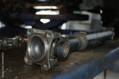 the propeller shaft of the vehicle, the cardan shaft removed from the car close up