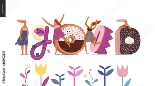 Dessert font - modern flat vector concept digital illustration of temptation font, sweet lettering and girls. Caramel, toffee, biscuit, waffle, cookie, cream and chocolate letters. Lettering Good
