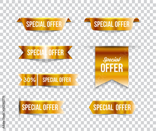 Gold coloded special offer banners with shadows on transparent background. Vector illustration.