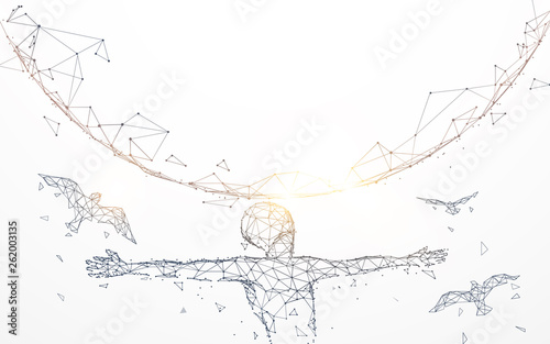 Man extended the arms with global. Freedom concept from lines, triangles and particle style design. Illustration vector