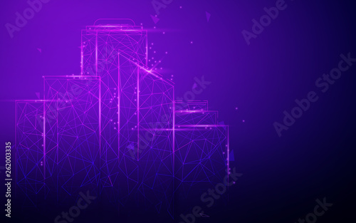 Night city with neon glow from lines, triangles and particle style design. Illustration vector