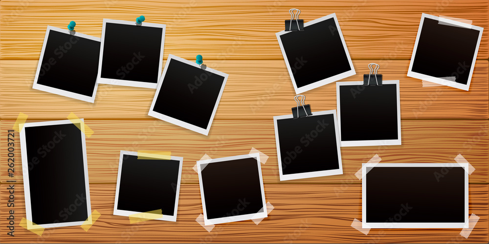 Set of Retro photo frames on wooden background with shadows. Vector illustration Set of Retro photo frames on wooden background with shadows. Vector illustration