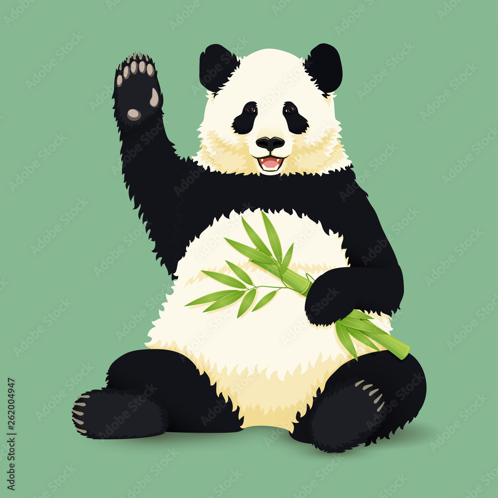 Cartoon vector illustration. Cute smiling giant panda sitting holding green  bamboo branch and waving. Black and white asian bear. Print, poster design. Endangered  species. Ecology. Conservation. Stock Vector | Adobe Stock