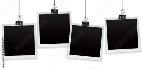 Set of 4 vintage photo frames hanging on a clip. Vintage style. Vector illustration. Photorealistic Vector EPS10 mockups. Retro photo frame templates hanging on wall for your photos.